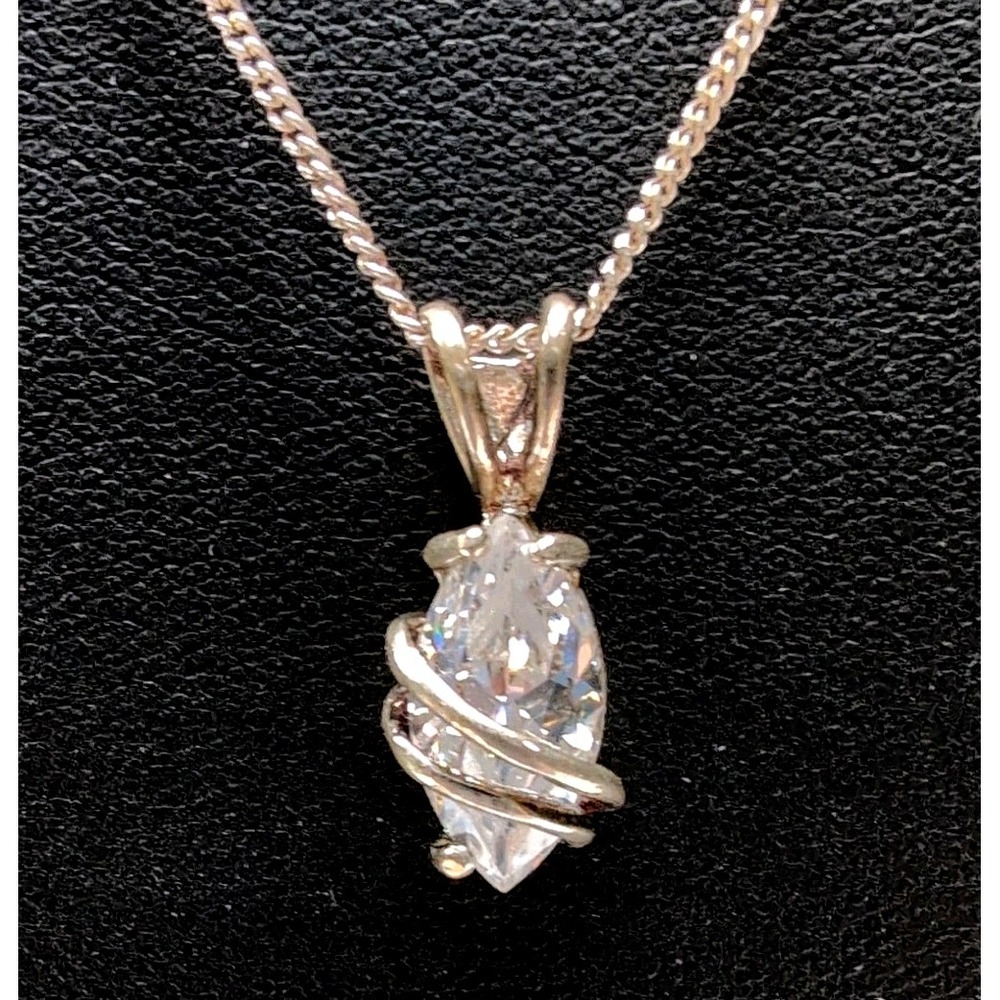 SSBY Sterling Silver Marquise CZ Solitaire Pendant Necklace 925 Ribbon Bypass 18